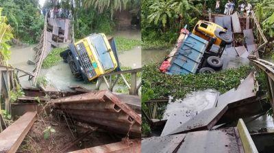 পিরোজপুরে বেইলি ব্রিজ ভেঙে কয়লাবোঝাই ট্রাক খালে