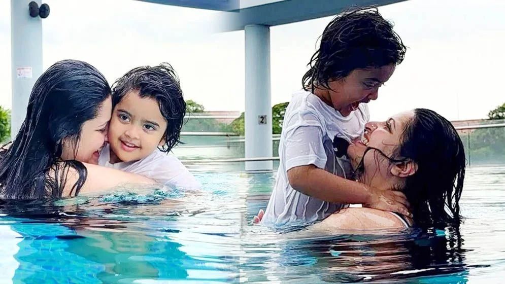 সুইমিংপুলে জলকেলিতে ছেলের সঙ্গে পরীমনির খুনসুটি